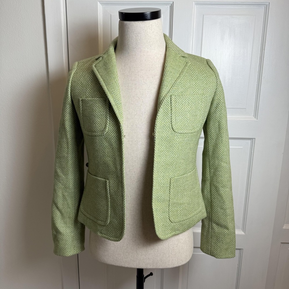 Vintage J.Crew Blazer Womens Small Green Herringbone Tweed Wool Robert Noble 00s